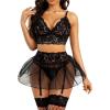 imageRSLOVE Lingerie Sets for Women Sexy  Lingerie for Women Lace Bra and Panty 3 Piece With Garter Belt Mesh Mini SkirtBlack