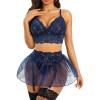 imageRSLOVE Lingerie Sets for Women Sexy  Lingerie for Women Lace Bra and Panty 3 Piece With Garter Belt Mesh Mini SkirtNavy Blue