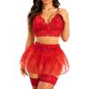 imageRSLOVE Lingerie Sets for Women Sexy  Lingerie for Women Lace Bra and Panty 3 Piece With Garter Belt Mesh Mini SkirtRed