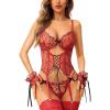 imageRSLOVE Womens Lingerie Set Sexy  Lace Bodysuit Garter Teddy Lingerie Deep V with Wrist Band 3 Piece MeshRed