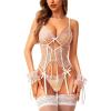 imageRSLOVE Womens Lingerie Set Sexy  Lace Bodysuit Garter Teddy Lingerie Deep V with Wrist Band 3 Piece MeshWhite