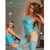 imageRSLOVE Women Fishnet Bodystocking Attached Stockings Sexy Lingerie Crotchless Bodysuit One Piece Babydoll One SizeLight Blue
