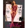 imageRSLOVE Women Fishnet Bodystocking Attached Stockings Sexy Lingerie Crotchless Bodysuit One Piece Babydoll One SizeWine Red