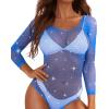 imageRSLOVE Women Lingerie Fishnet Bodysuit Sparkle Rhinestone Sexy Mesh Teddy LingerieBlue
