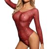 imageRSLOVE Women Lingerie Fishnet Bodysuit Sparkle Rhinestone Sexy Mesh Teddy LingerieWine Red