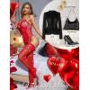imageRSLOVE Women Lingerie Fishnet Teddy Bodysuit Sparkle Rhinestone Mesh Lingerie with Thigh High StockingsRed