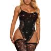imageRSLOVE Women Lingerie Fishnet Teddy Bodysuit Sparkle Rhinestone Mesh Lingerie with Thigh High StockingsBlack