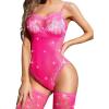 imageRSLOVE Women Lingerie Fishnet Teddy Bodysuit Sparkle Rhinestone Mesh Lingerie with Thigh High StockingsPink