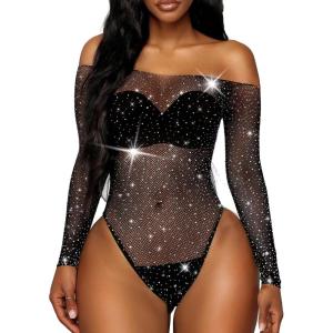 imageRSLOVE Women Lingerie Fishnet Bodysuit Sparkle Rhinestone Sexy Mesh Teddy LingerieBlack