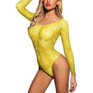 imageRSLOVE Women Lingerie Fishnet Bodysuit Sparkle Rhinestone Sexy Mesh Teddy LingerieLemon Yellow