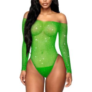 imageRSLOVE Women Lingerie Fishnet Bodysuit Sparkle Rhinestone Sexy Mesh Teddy LingerieLight Green