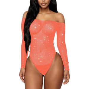 imageRSLOVE Women Lingerie Fishnet Bodysuit Sparkle Rhinestone Sexy Mesh Teddy LingerieLight Pink