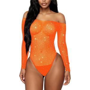 imageRSLOVE Women Lingerie Fishnet Bodysuit Sparkle Rhinestone Sexy Mesh Teddy LingerieOrange