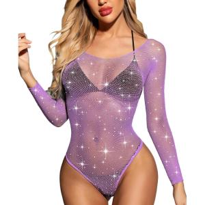 imageRSLOVE Women Lingerie Fishnet Bodysuit Sparkle Rhinestone Sexy Mesh Teddy LingeriePurple