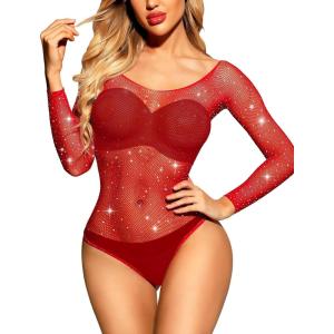 imageRSLOVE Women Lingerie Fishnet Bodysuit Sparkle Rhinestone Sexy Mesh Teddy LingerieRed