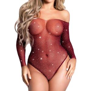 imageRSLOVE Women Lingerie Fishnet Bodysuit Sparkle Rhinestone Sexy Mesh Teddy LingerieWine Red