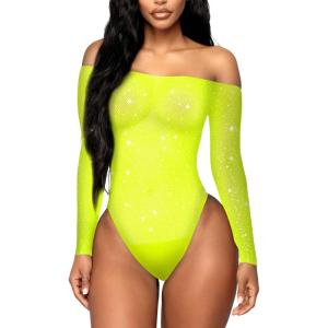imageRSLOVE Women Lingerie Fishnet Bodysuit Sparkle Rhinestone Sexy Mesh Teddy LingerieYellow