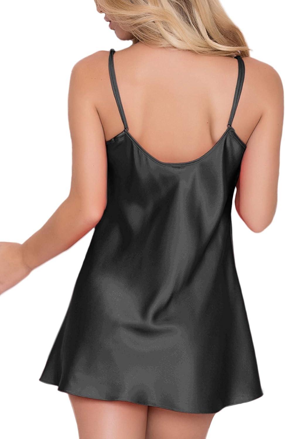 imageRSLOVE Satin Lingerie for Women Chemises Nightgown Sexy Sleepwear Mini Slip Short Silk NightwearBlack