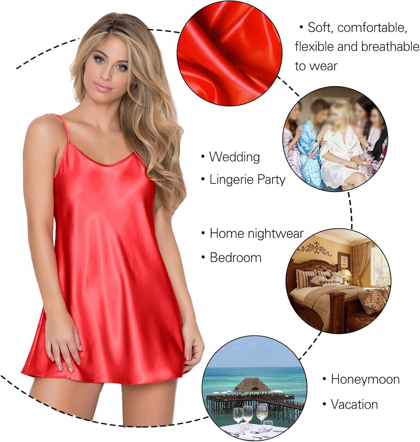 imageRSLOVE Satin Lingerie for Women Chemises Nightgown Sexy Sleepwear Mini Slip Short Silk NightwearRed