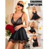 imageRSLOVE Womens Lingerie Lace Babydoll  Satin Nightgown Sexy Nightwear 3 Piece V Neck Sleepwear Mesh Chemise with MaskBlack