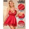 imageRSLOVE Womens Lingerie Lace Babydoll  Satin Nightgown Sexy Nightwear 3 Piece V Neck Sleepwear Mesh Chemise with MaskRed