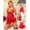 imageRSLOVE Womens Lingerie Lace Babydoll  Satin Nightgown Sexy Nightwear 3 Piece V Neck Sleepwear Mesh Chemise with MaskRed