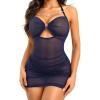 imageRSLOVE Womens Lingerie Mesh Babydoll Dress  Pleated Chemise Nightgown with Adjustable Halter Neck ampamp Chain DetailNavy Blue