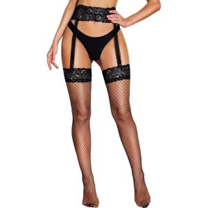 imageRSLOVE Fishnet Stockings for Women  Sexy Thigh High Fishnets High Waist Garter Belt Silicone Suspender PantyhoseBlack