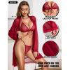 imageRSLOVE Women Sexy Lingerie Set  3 Piece Bra and Panty Sets with Lace Kimono Robe Sheer Sleepwear Mesh NightgownWine Red