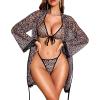 imageRSLOVE Women Sexy Lingerie Set  3 Piece Bra and Panty Sets with Lace Kimono Robe Sheer Sleepwear Mesh NightgownLeopard