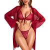 imageRSLOVE Women Sexy Lingerie Set  3 Piece Bra and Panty Sets with Lace Kimono Robe Sheer Sleepwear Mesh NightgownWine Red