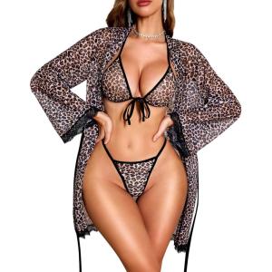 imageRSLOVE Women Sexy Lingerie Set  3 Piece Bra and Panty Sets with Lace Kimono Robe Sheer Sleepwear Mesh NightgownLeopard