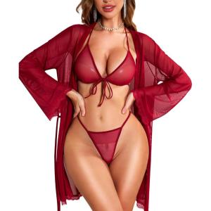 imageRSLOVE Women Sexy Lingerie Set  3 Piece Bra and Panty Sets with Lace Kimono Robe Sheer Sleepwear Mesh NightgownWine Red