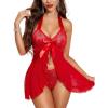 imageRSLOVE Lingerie for Women Lace Babydoll  Sexy Lingerie Open Front Sleepwear Halter Nightwear Ruffle Trim ChemiseRed