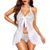 imageRSLOVE Lingerie for Women Lace Babydoll  Sexy Lingerie Open Front Sleepwear Halter Nightwear Ruffle Trim ChemiseWhite