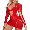 imageRSLOVE Sexy Lingerie Babydoll Chemise  Womens Mesh Hollow Out Backless Mini Dress Long Sleeve One Piece OutfitsRed