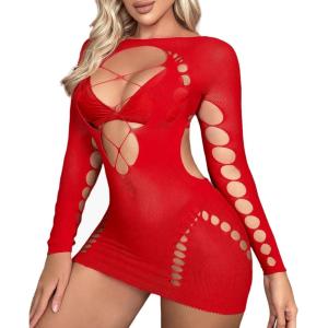 imageRSLOVE Sexy Lingerie Babydoll Chemise  Womens Mesh Hollow Out Backless Mini Dress Long Sleeve One Piece OutfitsRed