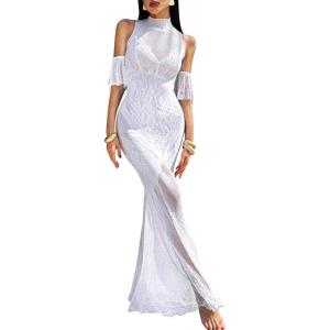imageRSLOVE Women Lingerie Sexy Dress  Lace Mesh Sleepwear Maxi Nightgown Exotic Sheer Long Bridal Chemise with Detachable SleeveWhite