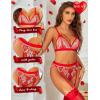 imageRSLOVE Women Lingerie Sets with Garter Belt 3 Piece Lace Teddy Babydoll BodysuitRed and White