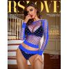 imageRSLOVE Women Sexy Mesh Lingerie Fishnet Babydoll Free Size Bodysuit See Through Shirts Long SleeveBlue