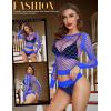 imageRSLOVE Women Sexy Mesh Lingerie Fishnet Babydoll Free Size Bodysuit See Through Shirts Long SleeveBlue