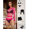 imageRSLOVE Women Sexy Mesh Lingerie Fishnet Babydoll Free Size Bodysuit See Through Shirts Long SleeveFlourescence Pink