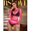 imageRSLOVE Women Sexy Mesh Lingerie Fishnet Babydoll Free Size Bodysuit See Through Shirts Long SleeveFlourescence Pink