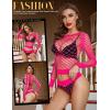 imageRSLOVE Women Sexy Mesh Lingerie Fishnet Babydoll Free Size Bodysuit See Through Shirts Long SleeveFlourescence Pink
