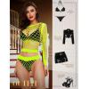 imageRSLOVE Women Sexy Mesh Lingerie Fishnet Babydoll Free Size Bodysuit See Through Shirts Long SleeveFlourescence Yellow