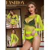 imageRSLOVE Women Sexy Mesh Lingerie Fishnet Babydoll Free Size Bodysuit See Through Shirts Long SleeveFlourescence Yellow