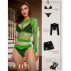 imageRSLOVE Women Sexy Mesh Lingerie Fishnet Babydoll Free Size Bodysuit See Through Shirts Long SleeveGreen