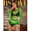 imageRSLOVE Women Sexy Mesh Lingerie Fishnet Babydoll Free Size Bodysuit See Through Shirts Long SleeveGreen