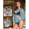 imageRSLOVE Women Sexy Mesh Lingerie Fishnet Babydoll Free Size Bodysuit See Through Shirts Long SleeveLight Blue