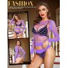 imageRSLOVE Women Sexy Mesh Lingerie Fishnet Babydoll Free Size Bodysuit See Through Shirts Long SleevePurple
